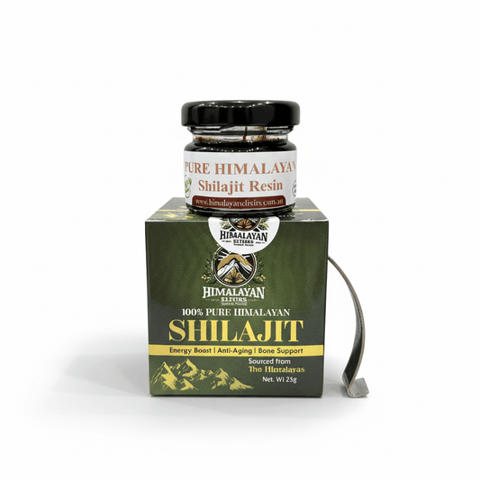 Himalayan Elixirs pure shilajit resin jar, box and measuring spoon complete set, premium Himalayan superfood supplement available to buy in Australia