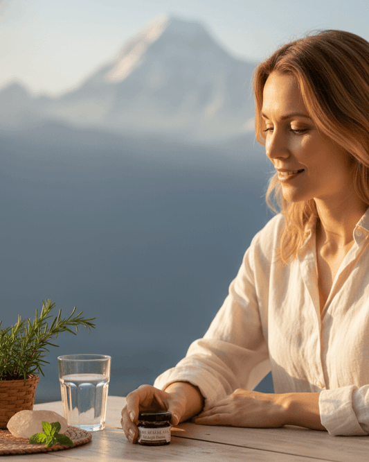 Woman sitting at a table with a jar of Himalayan shilajit resin by Himalayan Elixirs, set against a mountainous backdrop, highlighting the natural superfood benefits for women's hormonal balance, energy and wellbeing in Australia