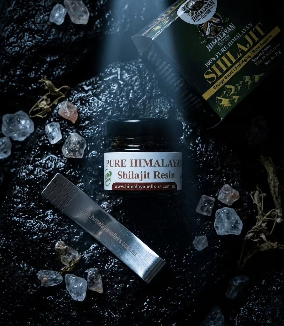 Pure Himalayan Shilajit Resin jar, box, and serving clip by Himalayan Elixirs, a natural energy supplement now available in Australia.