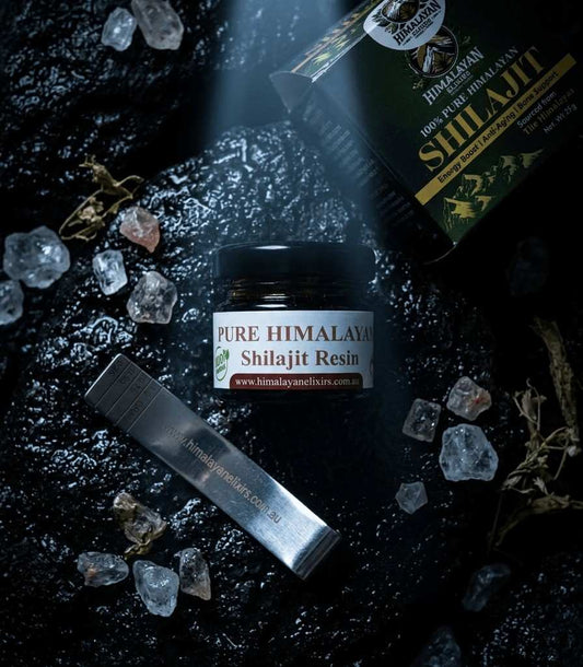 Pure Himalayan Shilajit Resin jar, box, and serving clip by Himalayan Elixirs, a natural energy supplement now available in Australia.