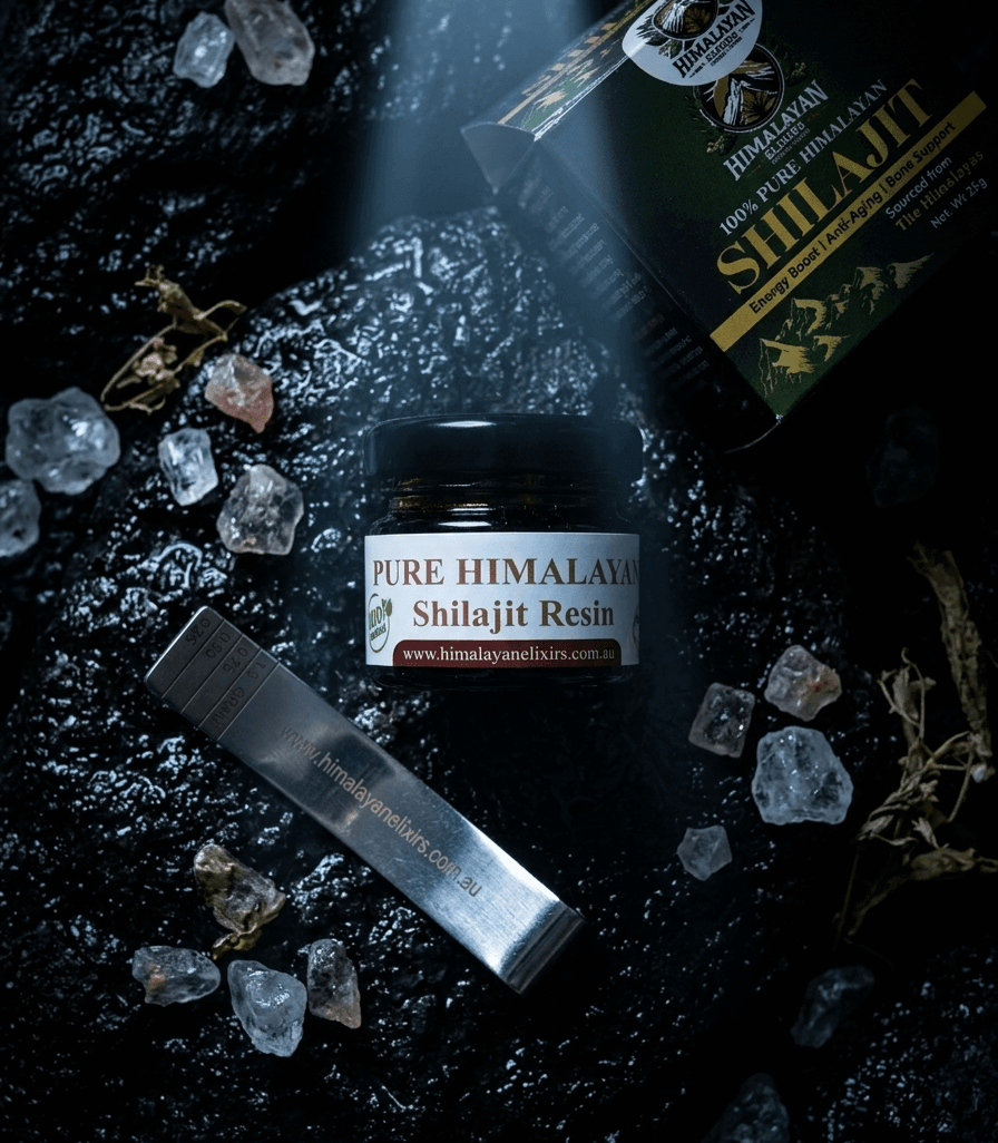 Pure Himalayan Shilajit Resin jar, box, and serving clip by Himalayan Elixirs, a natural energy supplement now available in Australia.