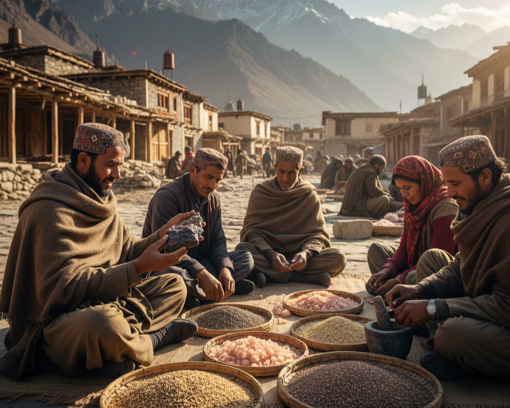 Gilgit-Baltistan locals preparing authentic Himalayan superfoods like Shilajit and pink salt, highlighting traditional sourcing from Pakistan for Australians seeking natural wellness products.