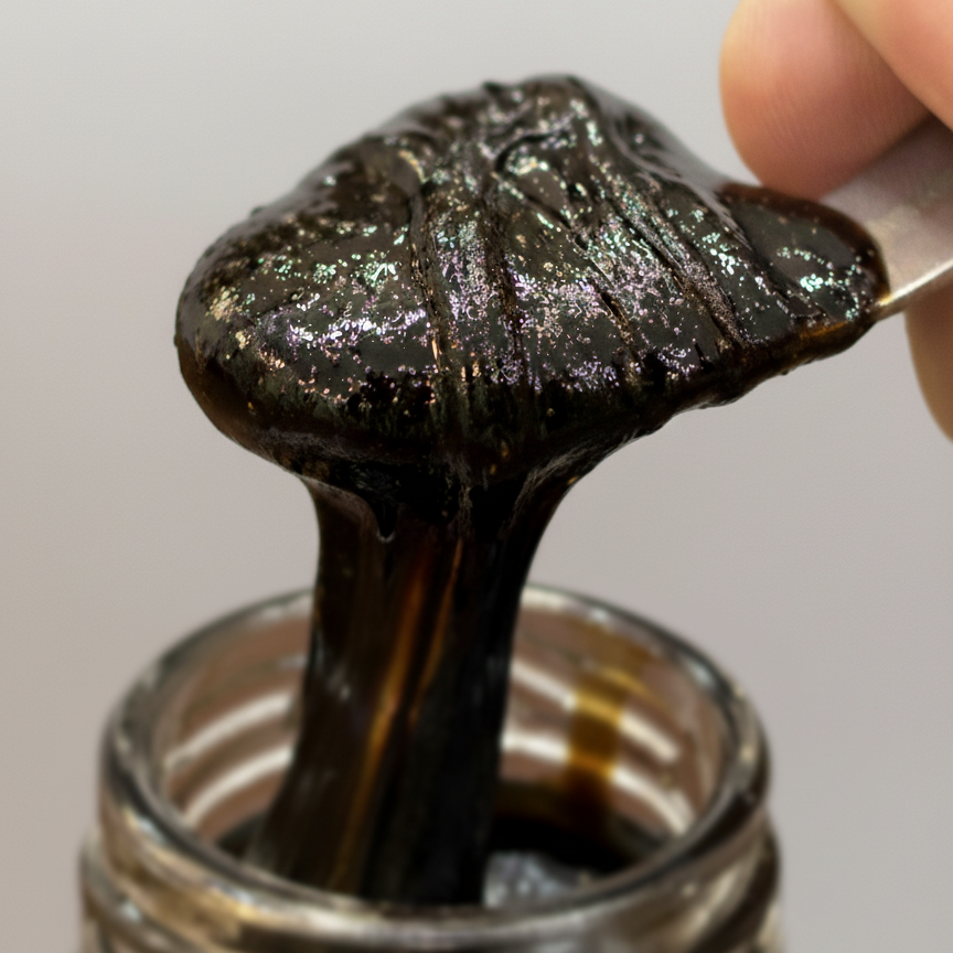 Macro shot of gooey Shilajit resin on a Shilajit spoon, showcasing its rich texture and purity — an authentic Himalayan superfood sourced from Pakistan for Australians seeking natural vitality and wellness.