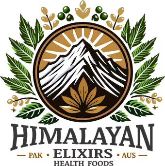 Himalayan Elixirs logo with mountain emblem and botanical leaves