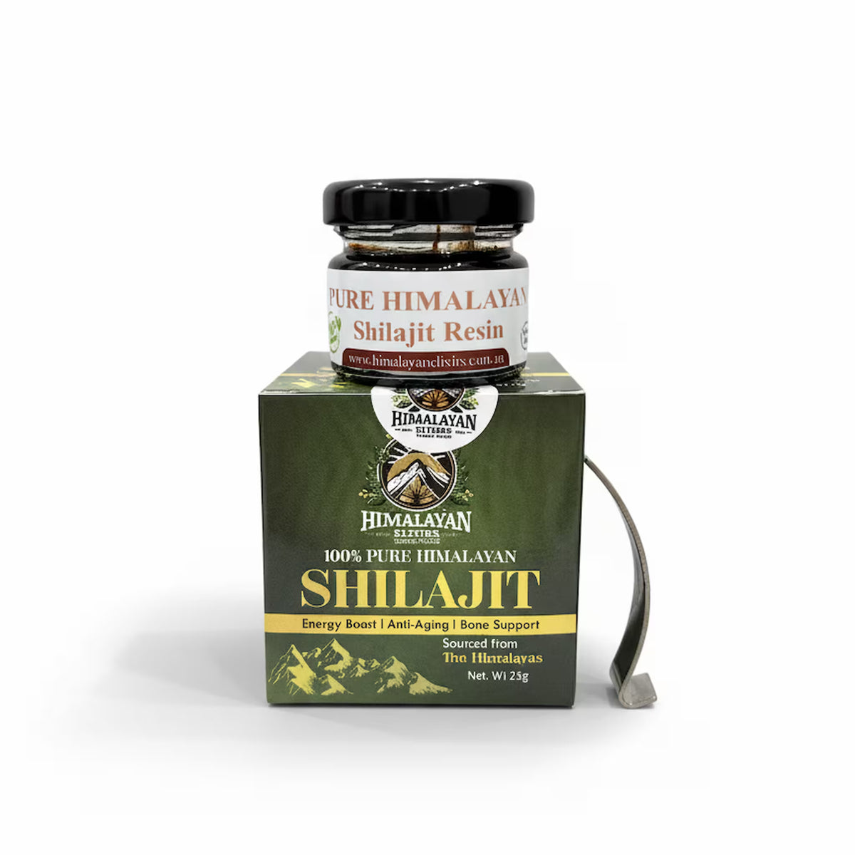 Himalayan Elixirs pure shilajit resin jar, box, and measuring spoon complete set, premium Himalayan superfood supplement available to buy in Australia