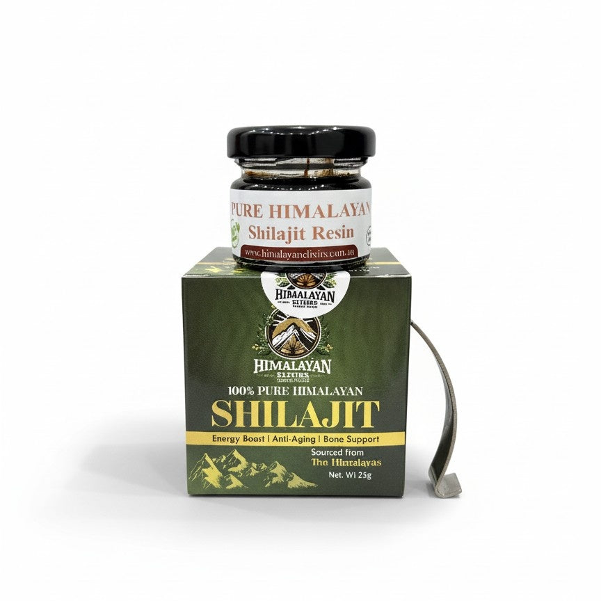Himalayan Elixirs pure shilajit resin jar, box, and measuring spoon complete set, premium Himalayan superfood supplement available to buy in Australia