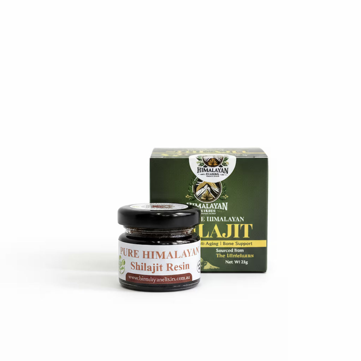 Himalayan Elixirs pure shilajit resin jar with premium packaging, authentic Himalayan superfood supplement available to buy in Australia