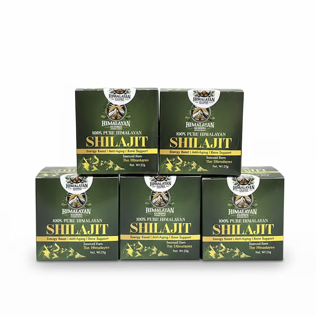 Five Himalayan Elixirs pure shilajit resin boxes stacked in two rows, 125g 5-pack bundle, Australia