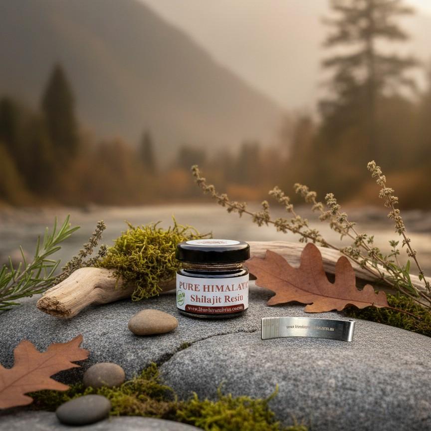 Pure Himalayan Shilajit resin jar with dosage spoon on a river stone, surrounded by moss and autumn leaves