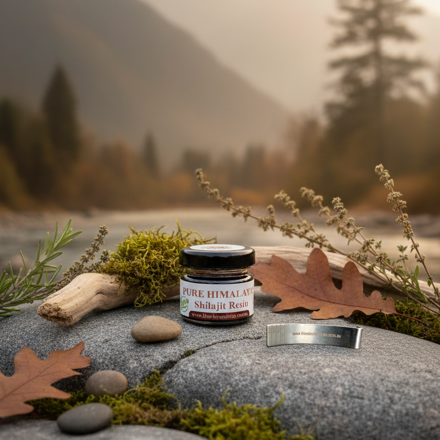 Himalayan Elixirs 25g Shilajit resin jar and spoon placed on a rock in a natural Himalayan-inspired setting, showcasing authentic, pure superfoods for Australians seeking natural wellness.