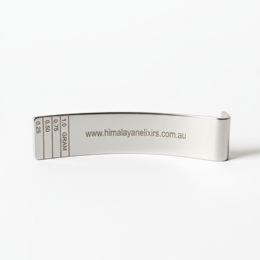 Engraved stainless steel shilajit measuring spoon from Himalayan Elixirs, premium superfood accessory available in Australia