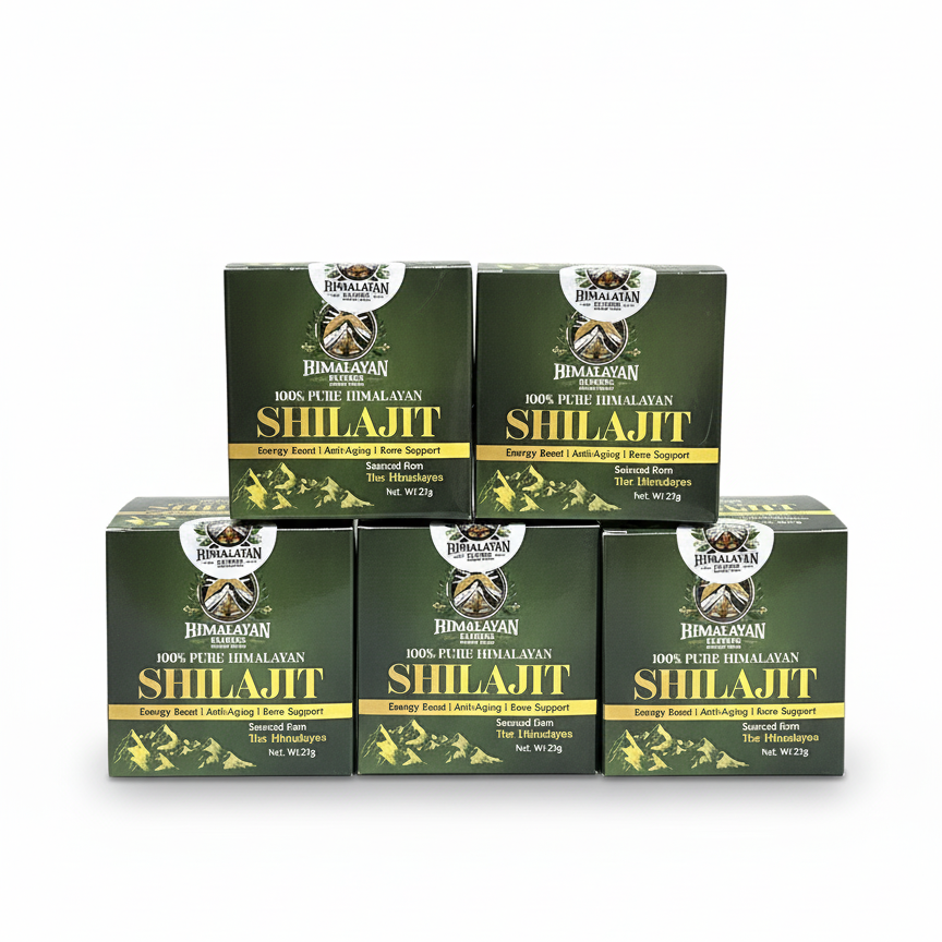 Five boxes of Himalayan Elixirs 25g Pure Shilajit resin value pack on a white background, for Australians seeking natural energy and premium superfoods.
