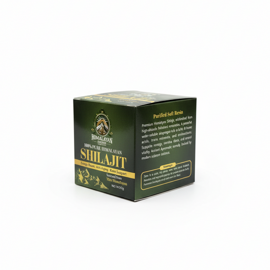 Shilajit product box displayed at a 3/4 view by Himalayan Elixirs, showcasing authentic superfoods for Australians seeking premium superfoods and traditional wellness benefits.