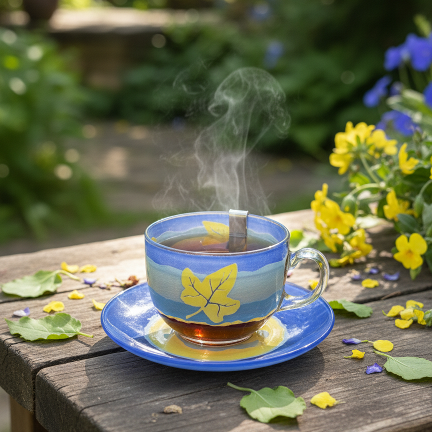 Shilajit resin dissolving in warm water with a steel Shilajit spoon hanging from the cup’s brim, captured in a natural setting to illustrate authentic Himalayan superfood use for Australians seeking natural energy and wellness.