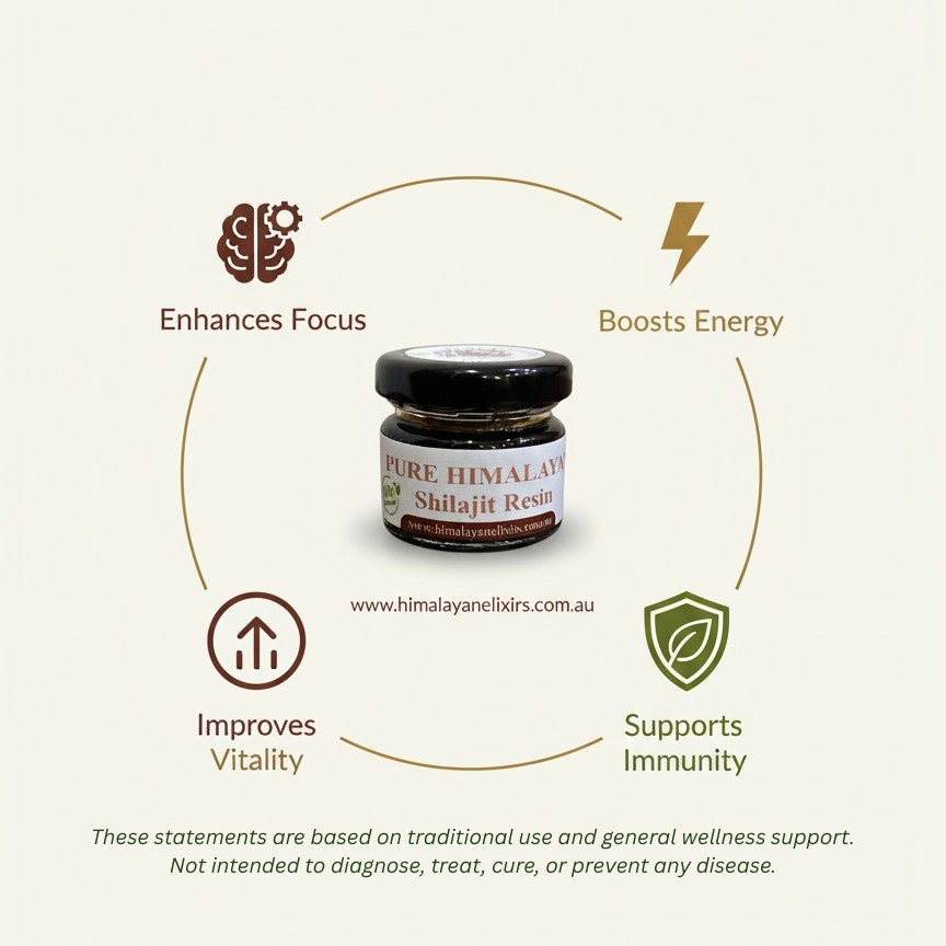 Shilajit resin health benefits infographic by Himalayan Elixirs, natural Himalayan superfood supplement available in Australia