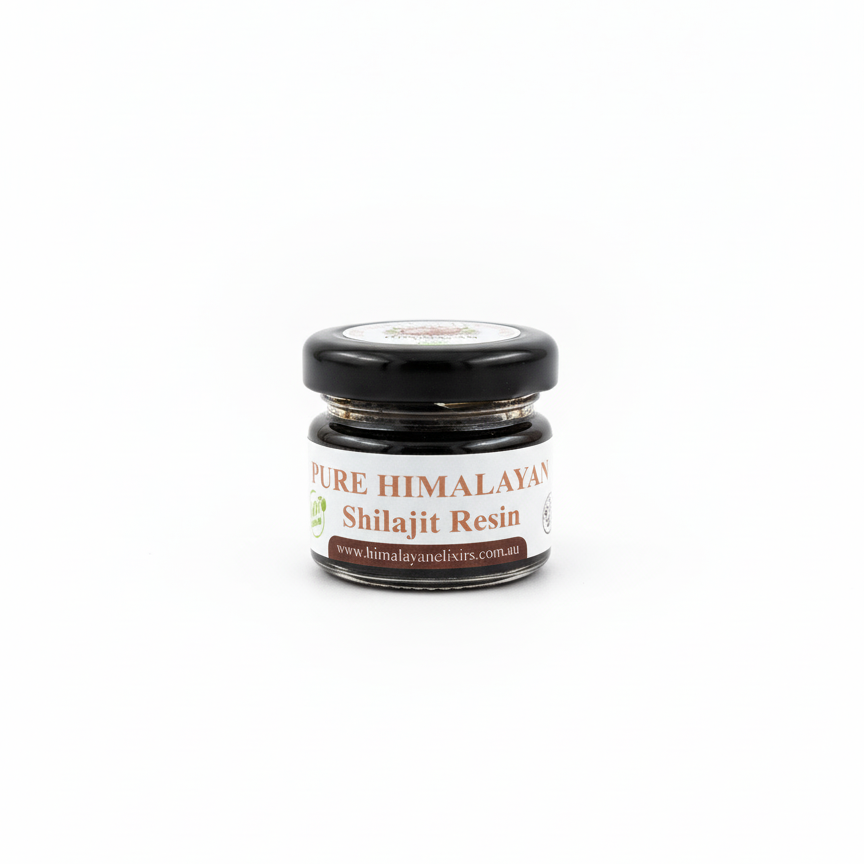 25g Shilajit resin jar from Himalayan Elixirs, pure and authentic superfood for natural vitality, focus, and wellness, available in Australia.